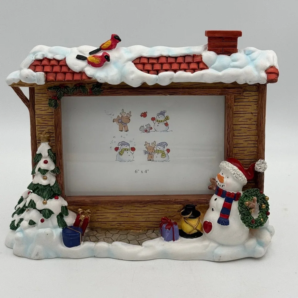 Christmas Snowman Cabin 4x6 Picture Frame Resin Winter Snow Scene Cardinals